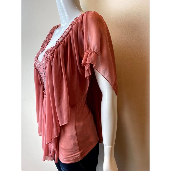 Daytrip Women's Cocktail Beaded Blouse Top M4191W5248 Flutter Sleeve Pink Small - Picture 3 of 7